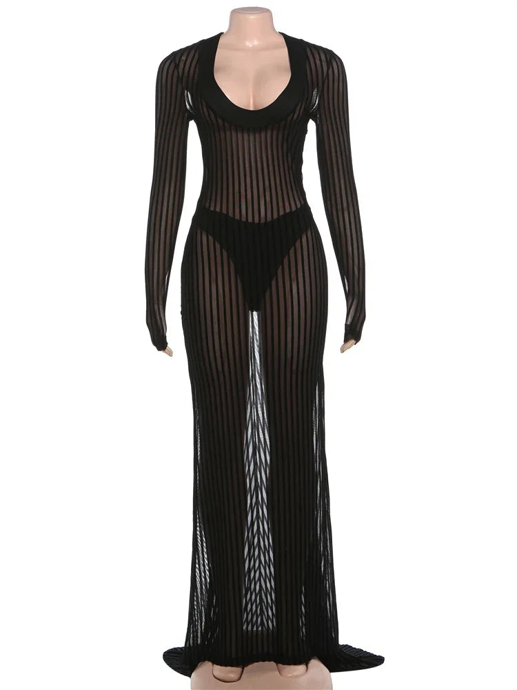 Joskaa Stripe Mesh Long Sleeve Bodycon Maxi Dress - maxi dress image 7