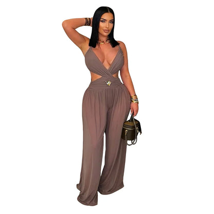 Women's Backless Cutout Bodycon Wide Leg Romper