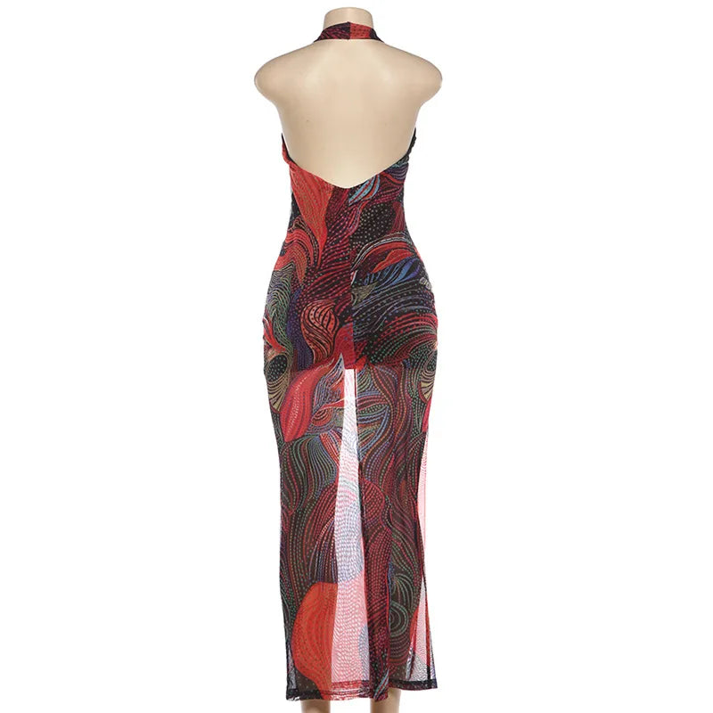 Women's Backless V-neck Halter Bodycon Maxi Dress - Detail View