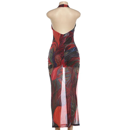 Women's Backless V-neck Halter Bodycon Maxi Dress - Detail View