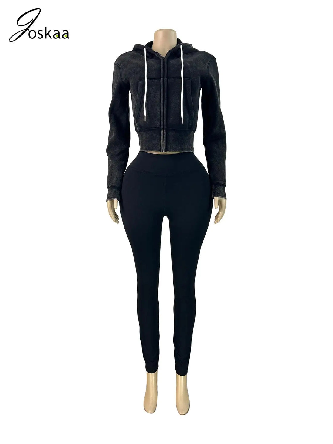 Women's Long Sleeve Zip Hooded Two Piece Set Khaki – Back View