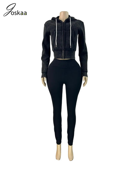 Women's Long Sleeve Zip Hooded Two Piece Set Khaki – Back View