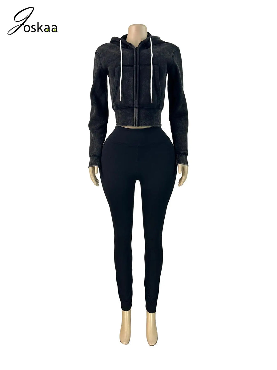 Women's Long Sleeve Zip Hooded Two Piece Set Khaki – Back View