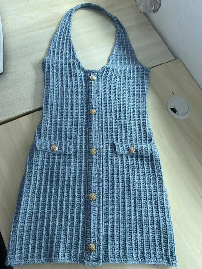 Women's Knit Backless Halter Bodycon Mini Dress Light Blue – Detail View