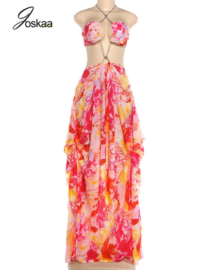 Women's Floral Print Cutout Halter Maxi Dress - Back View