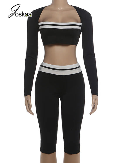 Women's Striped Long Sleeve Bodycon Two Piece Set - Back View