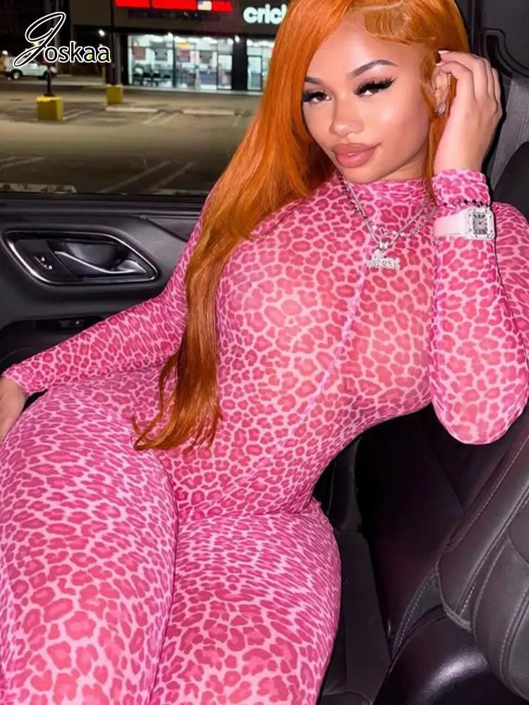 Women's Leopard Print Mesh Backless Romper Red – Side View