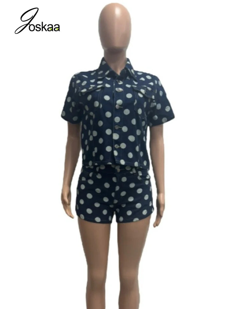 Women's Polka Dot Denim Print Two Piece Set - Back View