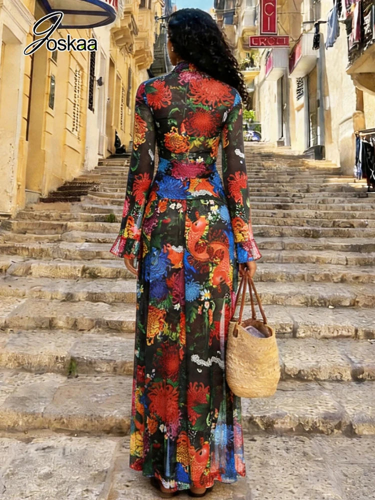 Women's Floral Print Mesh Long Sleeve Two Piece Set Colorful – Back View
