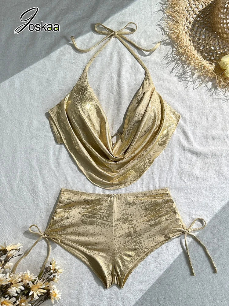 Women's Halter Swimwear Shiny Gold Swimsuit - Back View