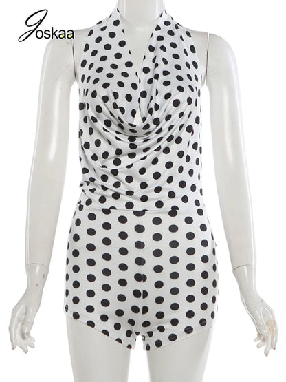 Women's Polka Dot Backless Halter Romper White – Back View