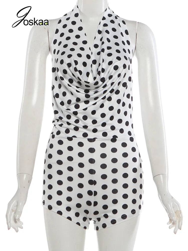 Women's Polka Dot Backless Halter Romper White – Back View
