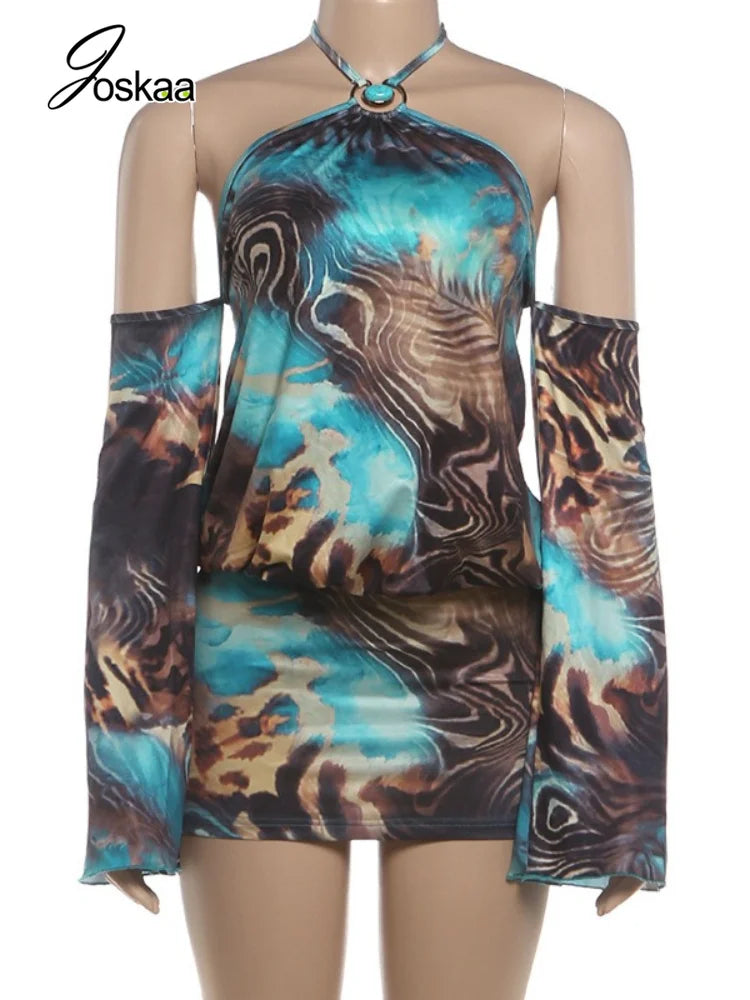 Women's Backless Halter Bodycon Wide Leg Mini Dress - Back View