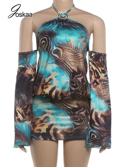 Women's Backless Halter Bodycon Wide Leg Mini Dress - Back View