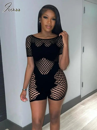 Women's Lace Cutout Short Sleeve Bodycon Romper Black – Side View