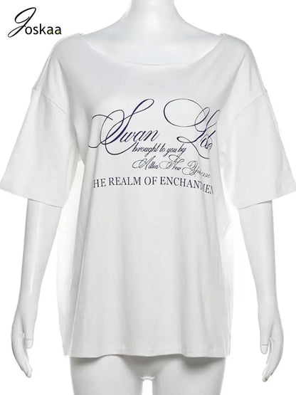 Women's Letter Print Short Sleeve Oversized Top White – Back View