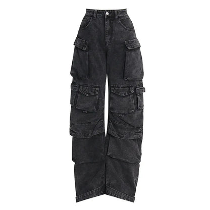 Women's Denim High Waist Pockets Cargo Jeans Pants