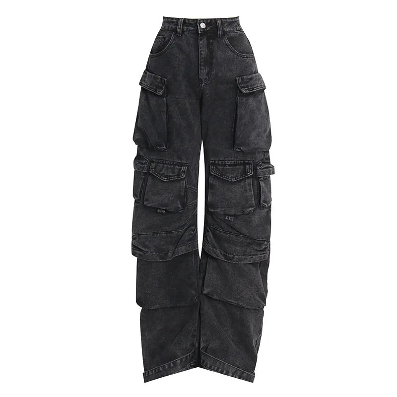 Women's Denim High Waist Pockets Cargo Jeans Pants