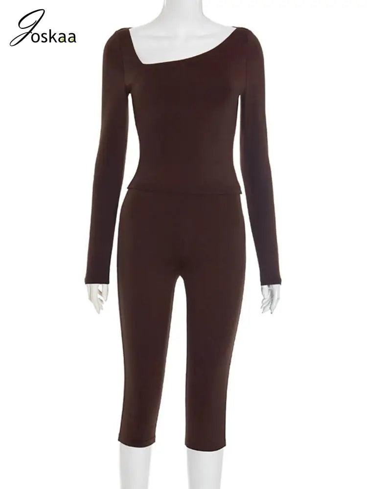 Wholesale Women's Long Sleeve Crop Two Piece Set Brown – Back View