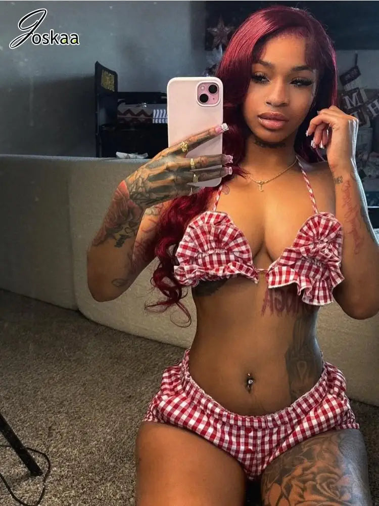 Wholesale Women's Backless Plaid Two Piece Set Red – Front View