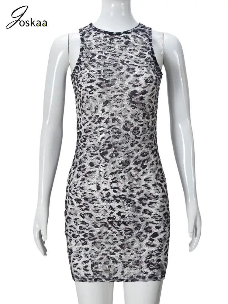 Women's Leopard Print Lace Sleeveless Mini Dress Leopard Print – Back View
