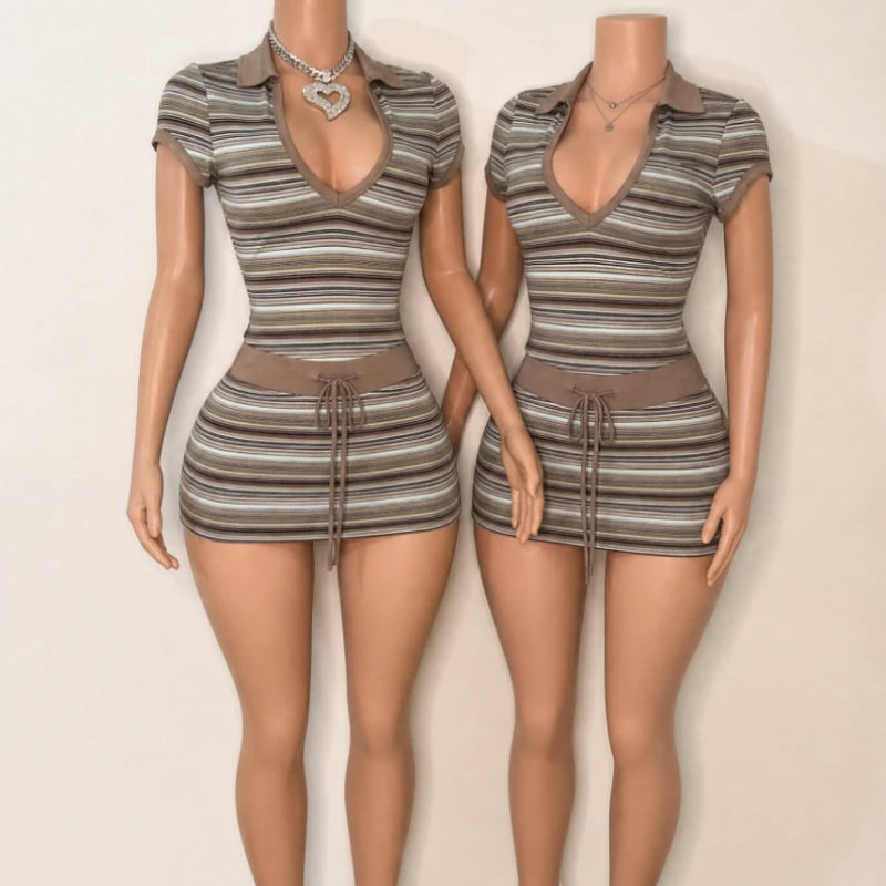 Women's Striped V-neck Two Piece Set - Additional View 7