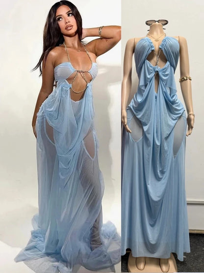 Women's Mesh Ruched Backless Halter Dress