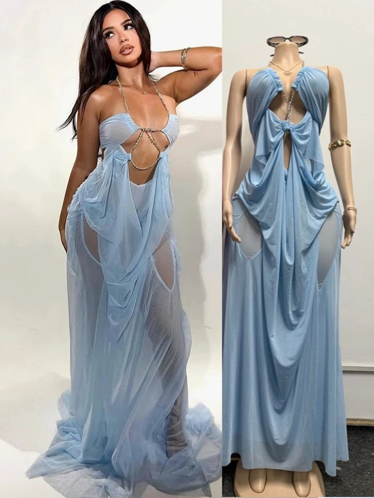 Women's Mesh Ruched Backless Halter Dress