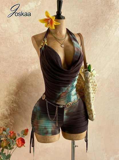 Women's Mesh Backless Halter Bodycon Romper Multicolor – Side View