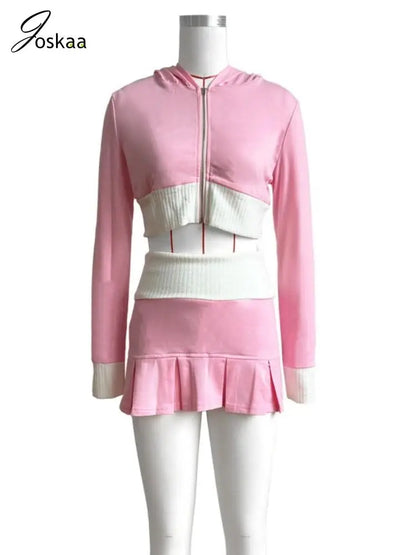 Women's Long Sleeve Zip Hooded Pleated Two Piece Set Light Grey – Back View