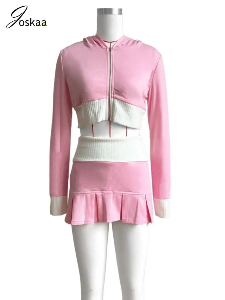 Women's Long Sleeve Zip Hooded Pleated Two Piece Set Light Grey – Back View