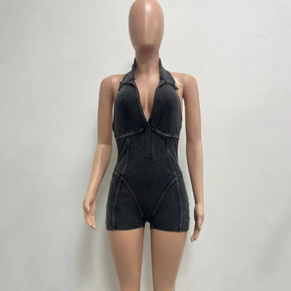 Women's Knit Backless Halter Bodycon Romper