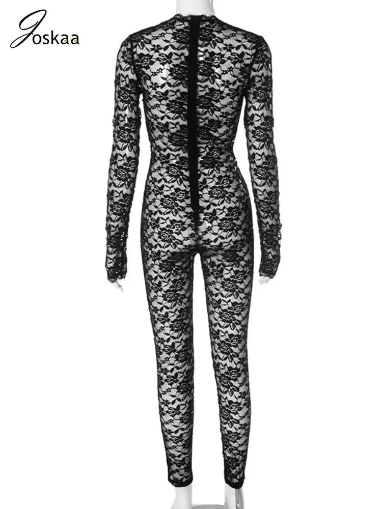 Wholesale Women's Lace Long Sleeve Bodycon Romper Black – Detail View