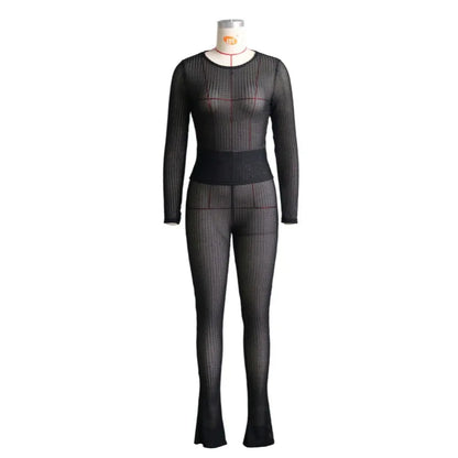Women's Mesh Long Sleeve High Waist Two Piece Set