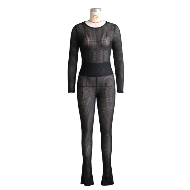 Women's Mesh Long Sleeve High Waist Two Piece Set
