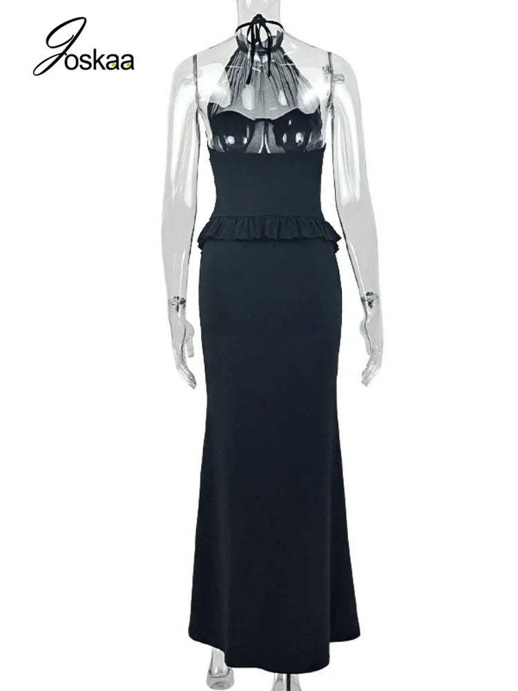 Women's Mesh Backless Halter Bodycon Maxi Dress - Detail View