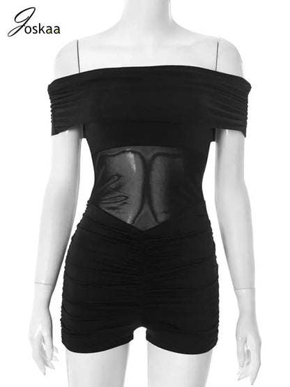 Women's Mesh Strapless Bodycon Pleated Romper Black – Back View