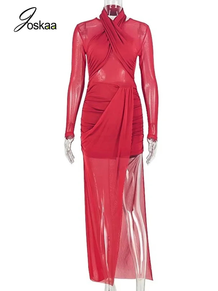 Women's Mesh Ruched Halter Long Sleeve Maxi Dress - Back View