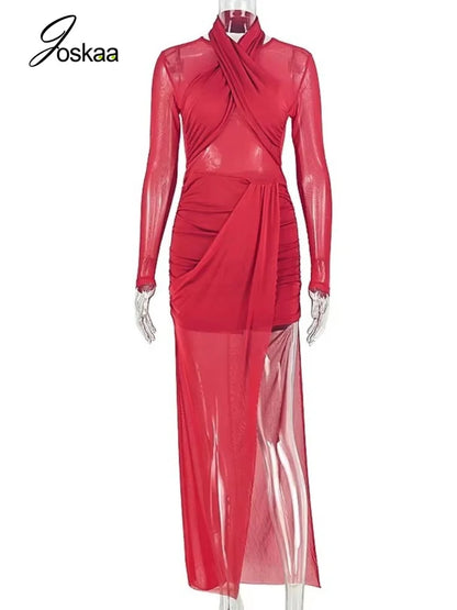 Women's Mesh Ruched Halter Long Sleeve Maxi Dress - Back View