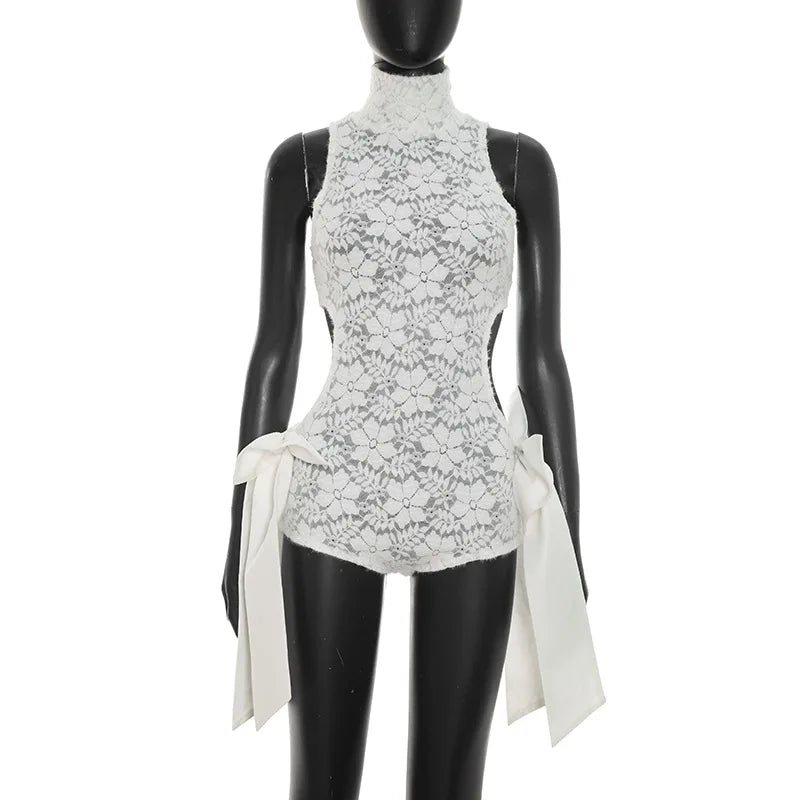 Women's Floral Print Lace Mesh Cutout Romper