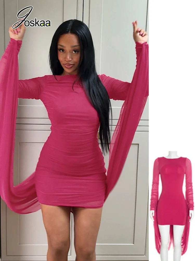 Women's Mesh Backless Long Sleeve Bodycon Mini Dress - Women's Fashion Wholesale - Front View