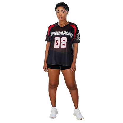Joskaa Mesh Short Sleeve Top Letter Print Oversized - top image 6