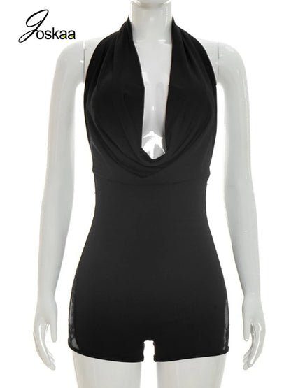 Women's Lace Backless Halter Sleeveless Romper Black – Back View