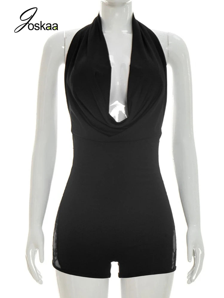 Women's Lace Backless Halter Sleeveless Romper Black – Back View