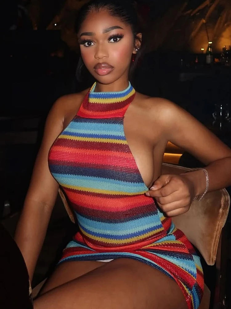 Women's Stripe Knit Backless Halter Mini Dress