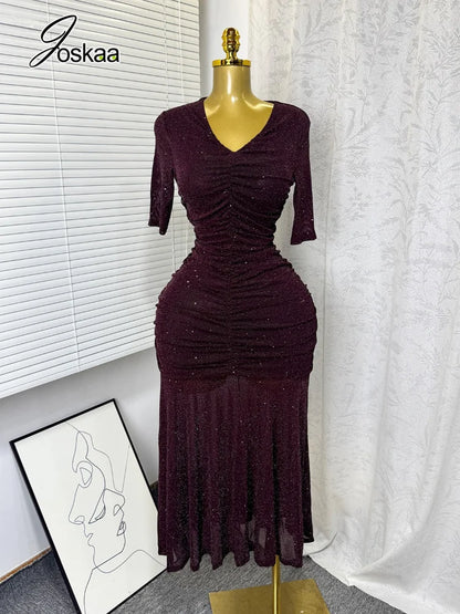 Women's Mesh Sequin Ruched V-neck Bodycon Dress - Back View