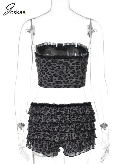 Women's Leopard Print Lace Mesh Two Piece Set Leopard Print – Detail View