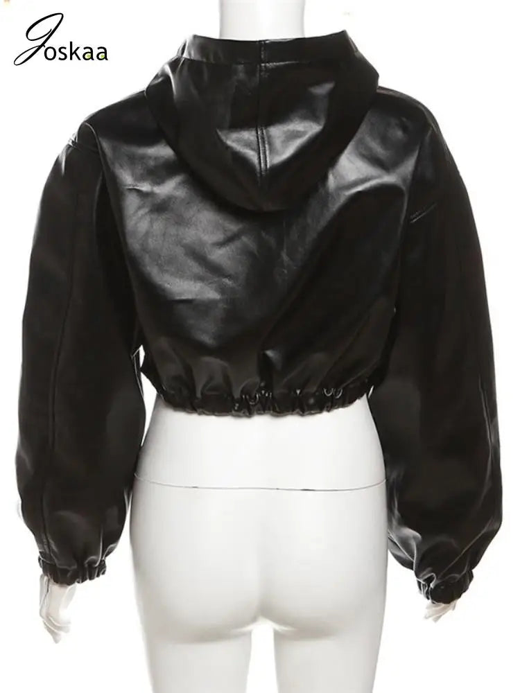 Women's Faux Leather Long Sleeve Zip Hooded Jacket Black – Detail View