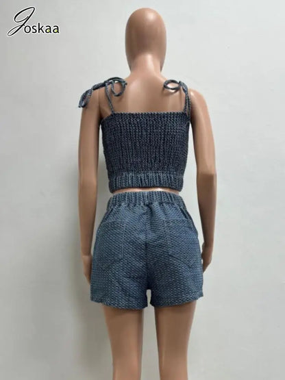 Women's Denim Crop Stretch Camisole and Two Piece Set Blue – Detail View