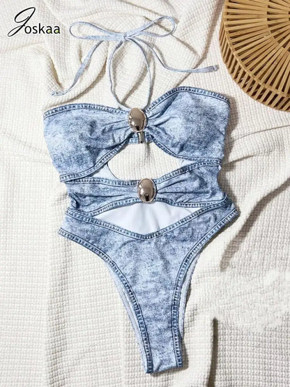 Women's Denim Backless Cutout Bikini Set Denim Print – Back View